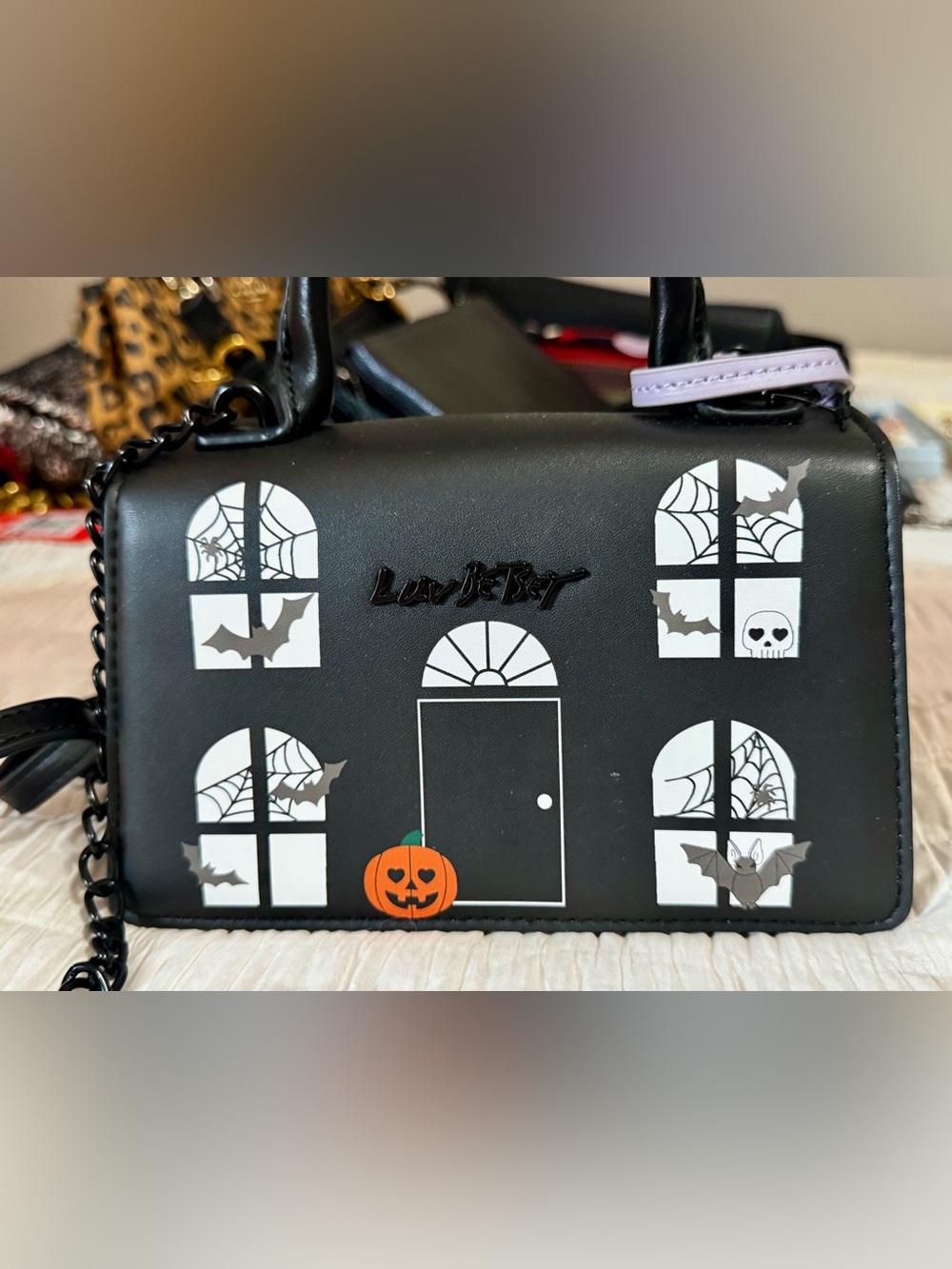 Betsey Johnson Black Halloween Haunted House Purse with Bat Accent